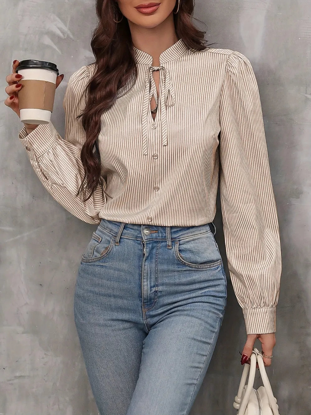Blouse met lange mouwen en strepen en strik