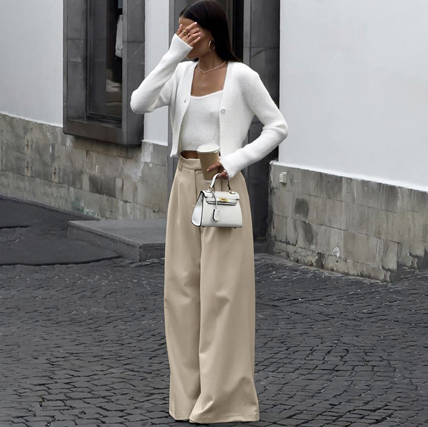 Europese verfijnde veelzijdige casual broek met hoge taille en wijde pijpen