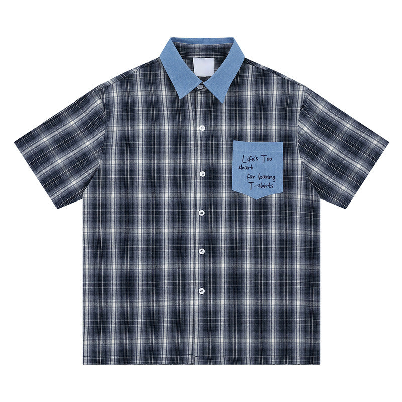 Block Pocket Summer Short Sleeve Shirt Loose Retro Shirt for Couples