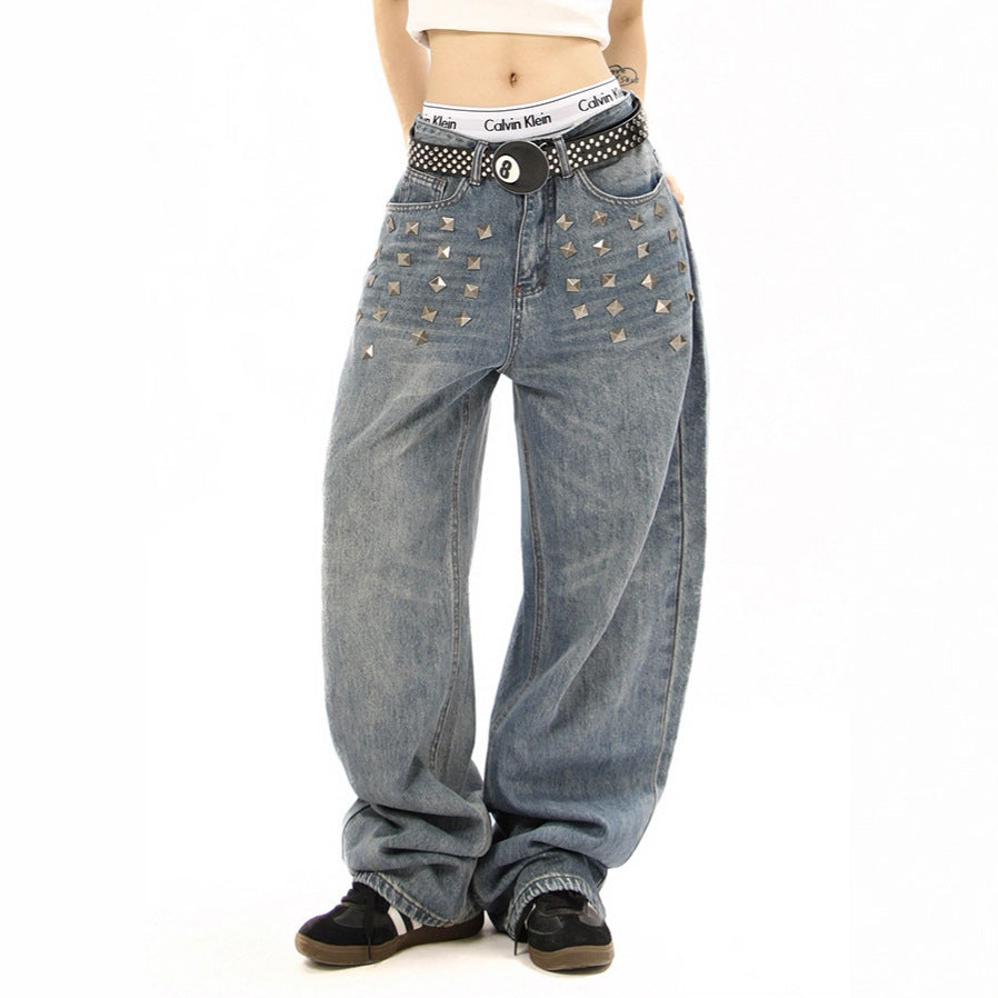 Gekraste denim jeans stoer design met vierkante studs