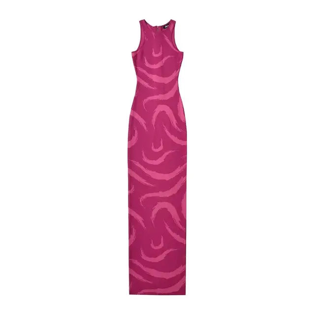 Women Elegant Abstract Maxi Dress Summer Sleeveless Knits Elastic Slim 3 Colors Long Dresses