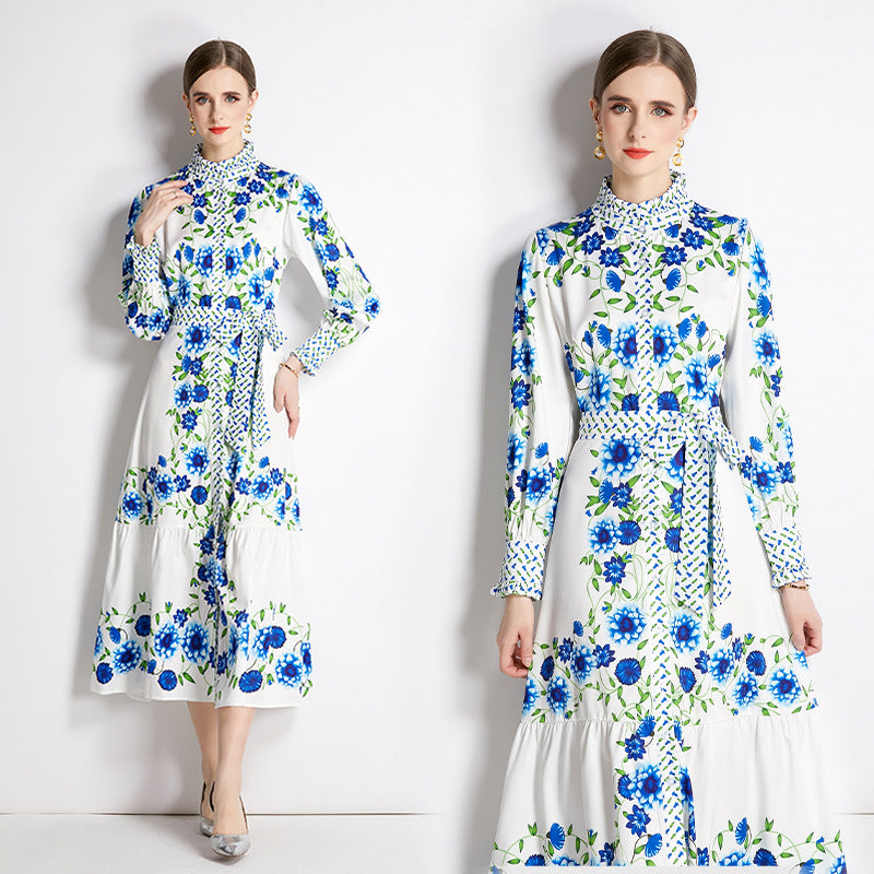 Dames retro overhemdjurk met bloemenprint ceintuur en knopen