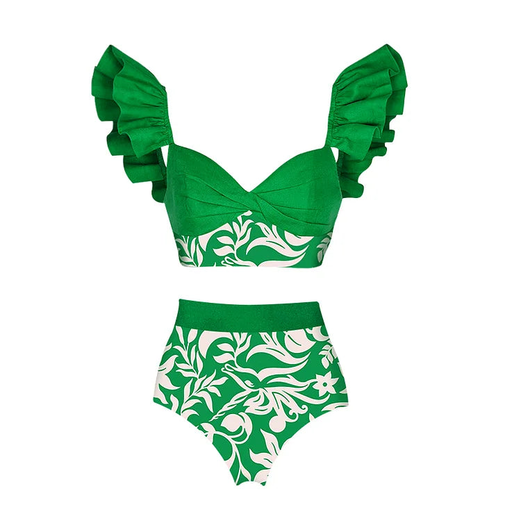 Modieuze bedrukte groene bikini set met ruches