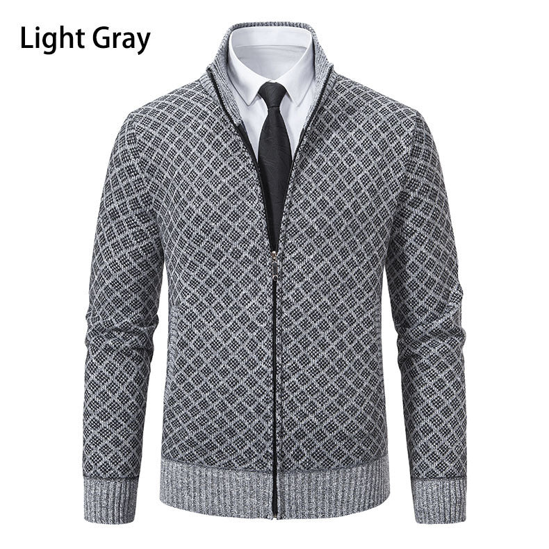 Velvet thickened casual stand up collar hooded zipper knitted jacket