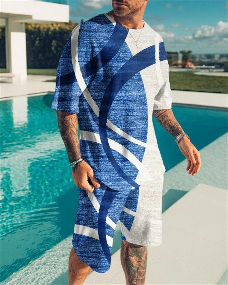 New Men's Korean Suit 3D Printing Trend Digital Printing Round Neck T-Shirt Casual Two-Piece Suit