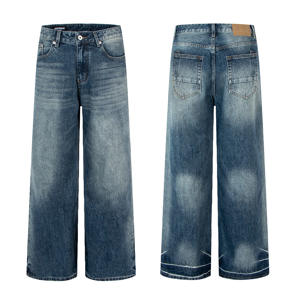 Vintage blauwe losse unisex jeans met rechte pijpen trendy gewassen en versleten look