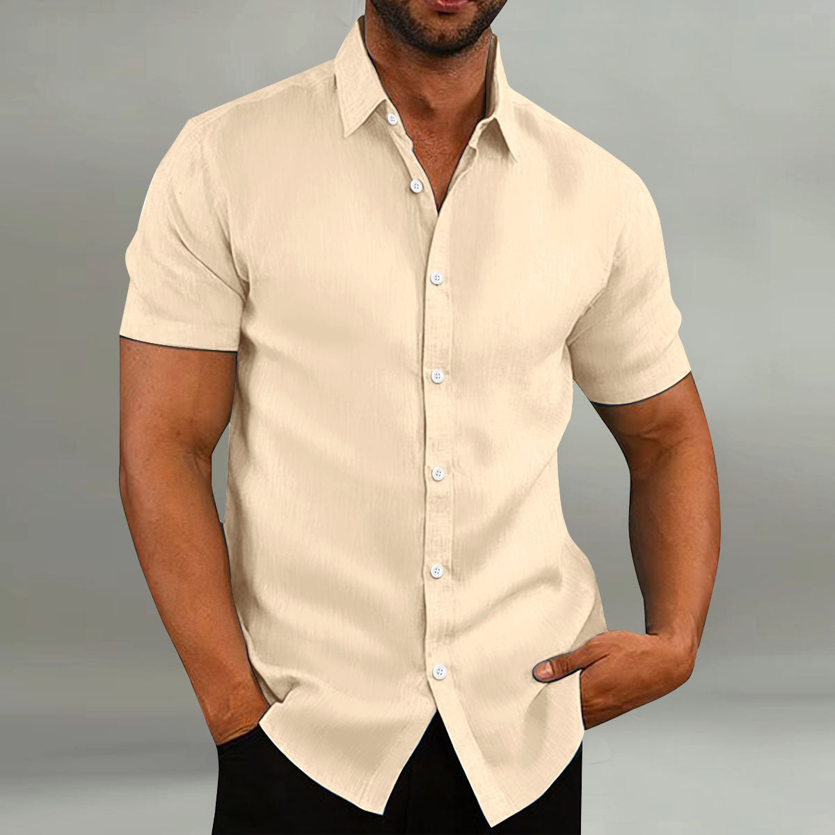 Men's retro cotton and linen casual loose short sleeved shirt