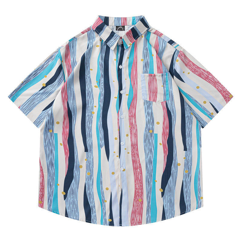 Painting Stripe Beach Short Sleeve Shirt for Men Summer New Arrival
