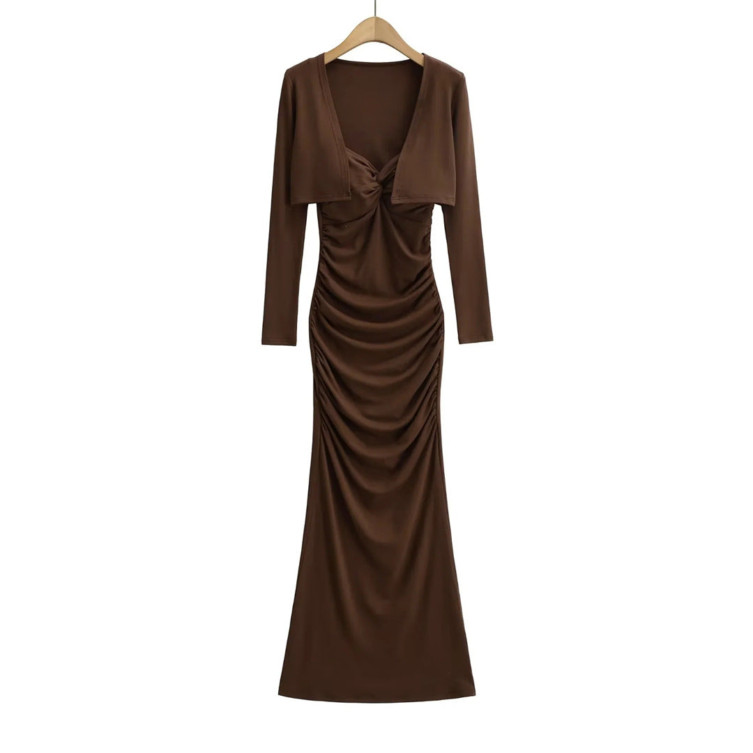 Vintage Sexy Knot Pleated Long Dress Design Slim Fit Bodycon Padded Dress with Cardigan Two-Piece Set