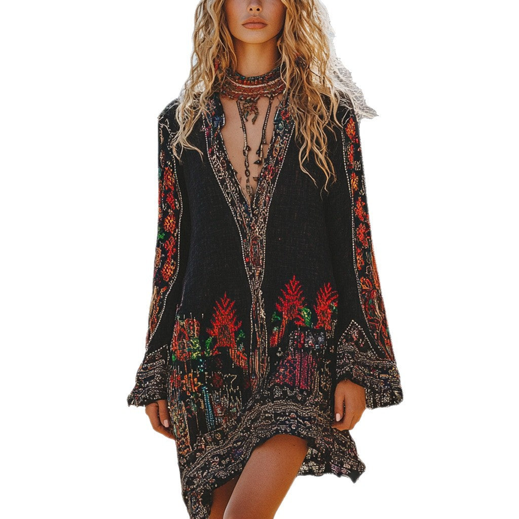 Stijlvolle jurk met lange mouwen V-hals en vintage etnische print