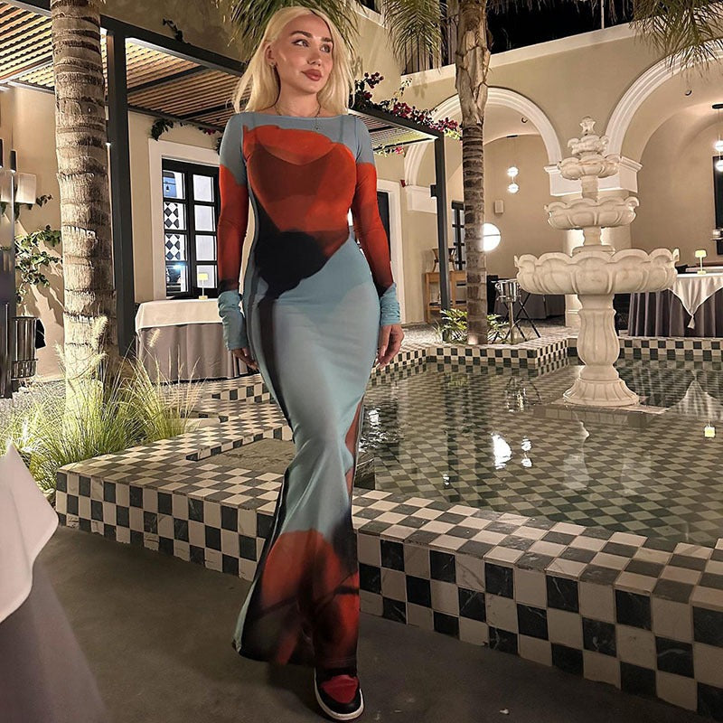 Summer new printed crew-neck dress female fashion sexy gauze see-through slit skirt