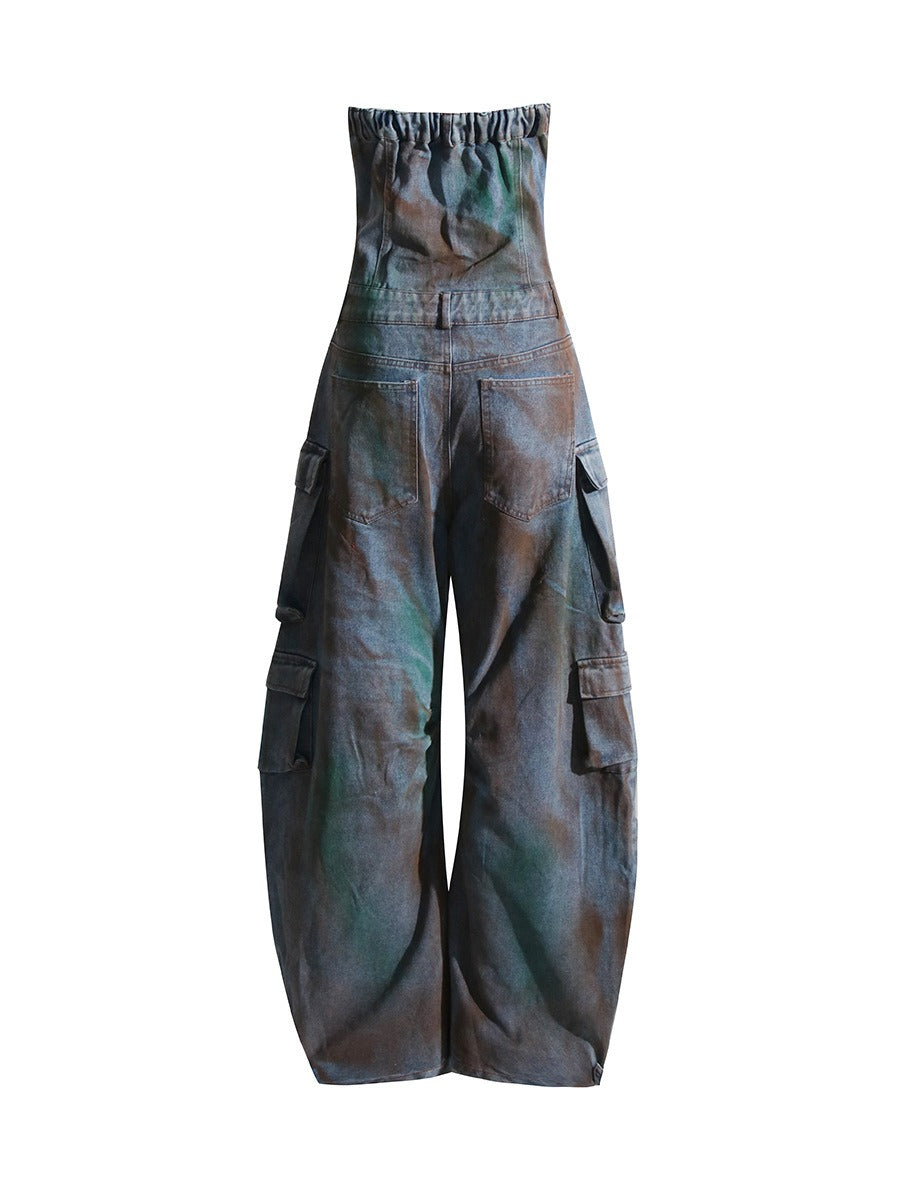 Strapless denim cargo jumpsuit met camouflageprint