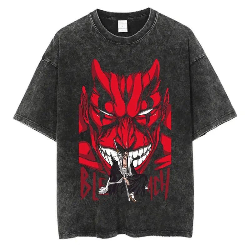 Anime Printed T-Shirt Summer Cotton Washed Vintage Short Sleeve
