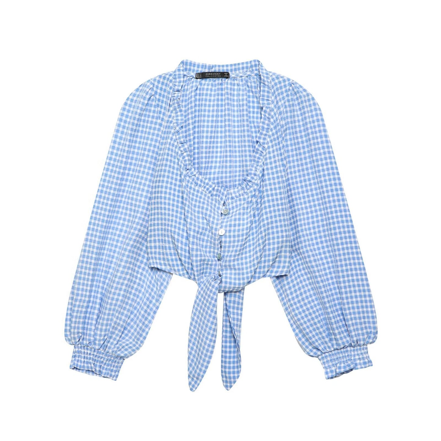 Pure Desire Style Square Neck Blue Grid Short Long Sleeve Top