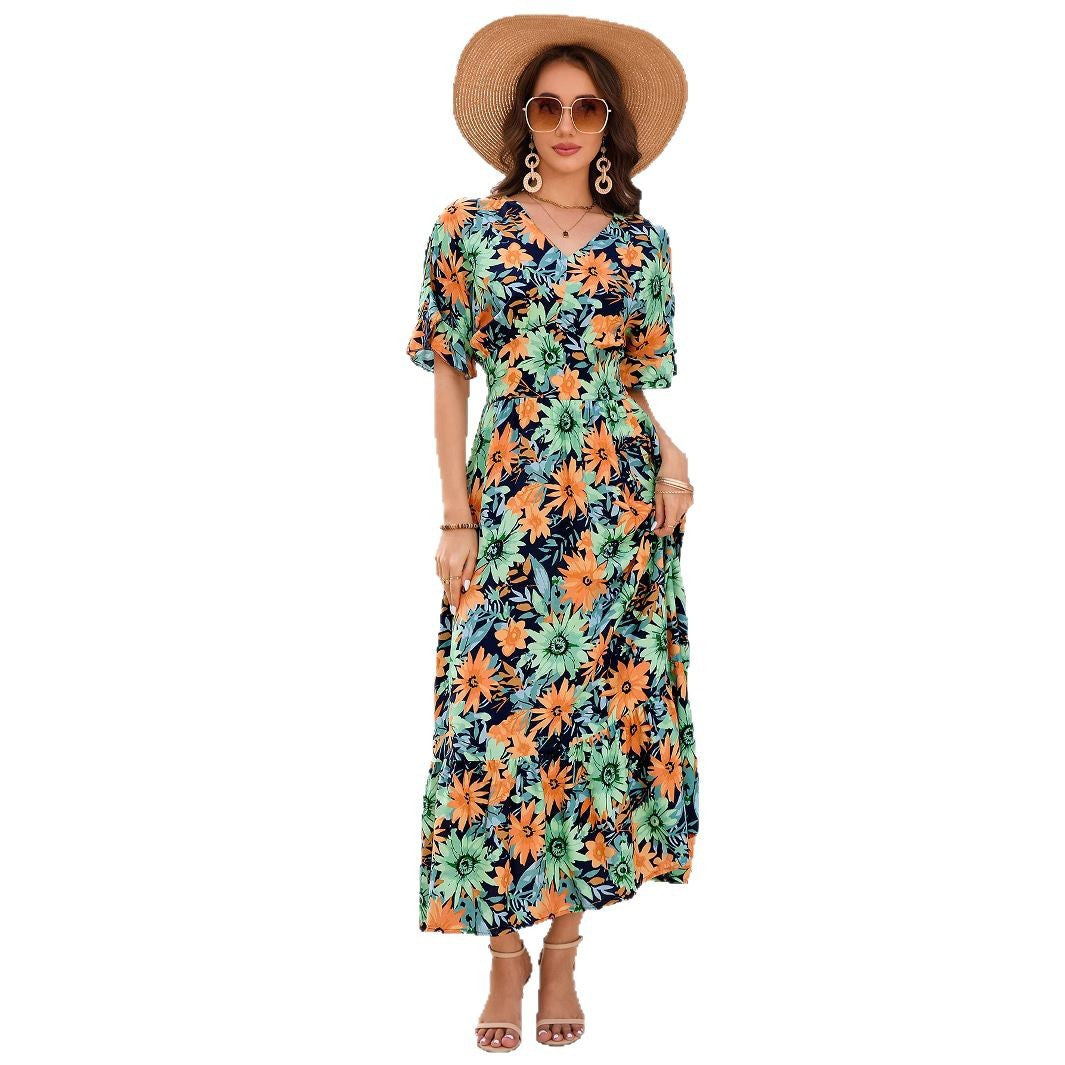 Real Cotton Printed Ruffle Batwing Sleeve V-Neck Waist-Cinched Flared Dress Bohemian Beach Vacation Skirt