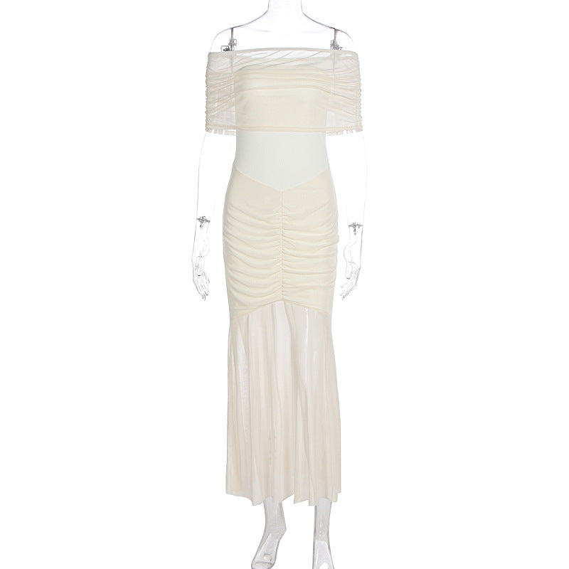 Two piece set of strapless pleated mesh spliced slim fit dress