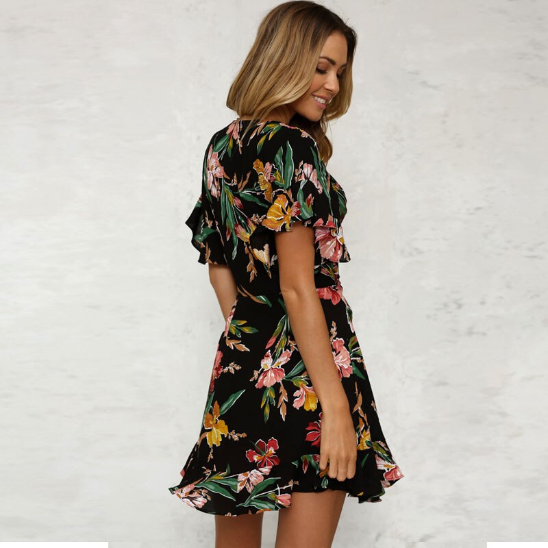 Women Boho Short Mini Dress Summer Floral Printed V-Neck Bow Knot Beachwear Sundress Ladies Short Sleeve Ruffles Loose Vestidos