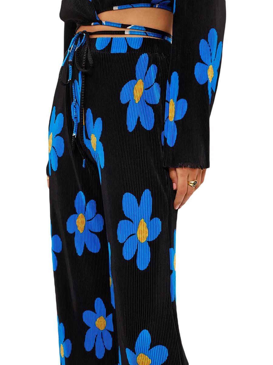 Floral Print Two-Piece Pants Suits Spring Summer Casual Women Pleated Sets Long Sleeve Tie Up Crop Tops+Loose Pants