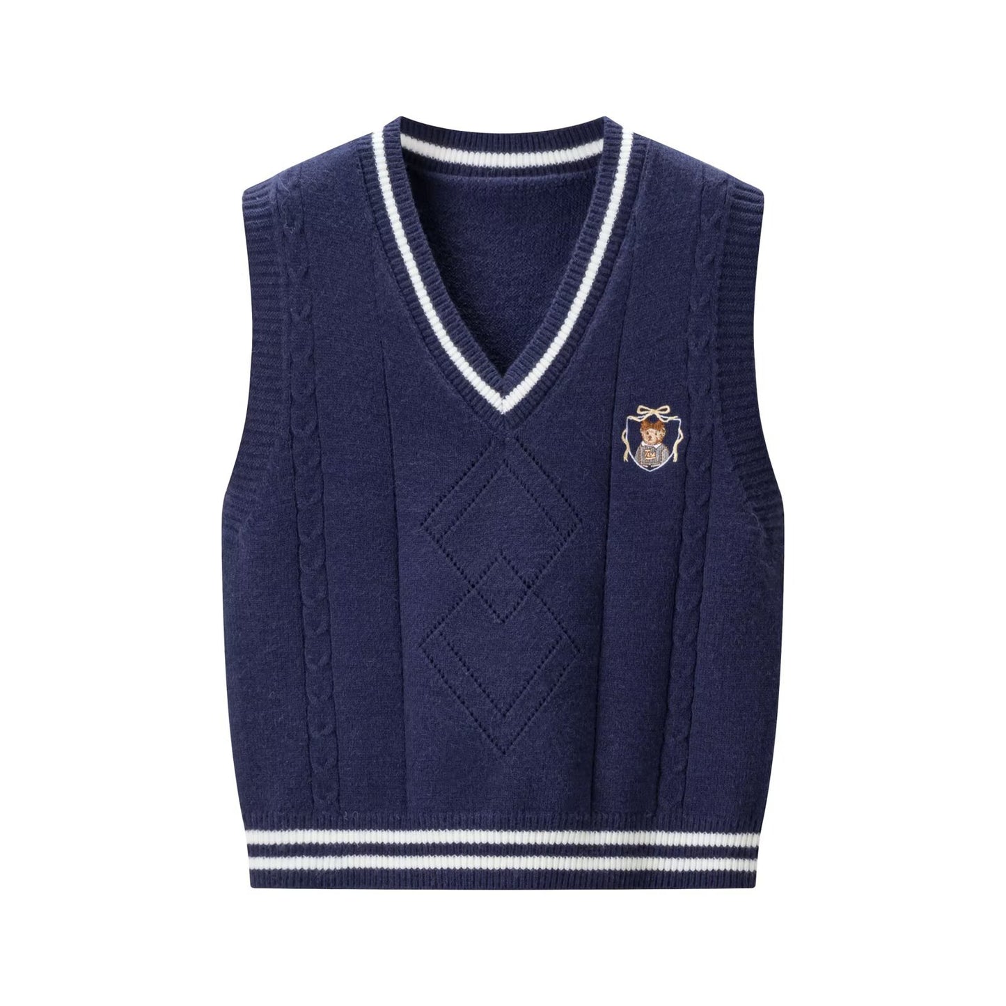 Gebreide mouwloze trui met V-hals in collegestijl