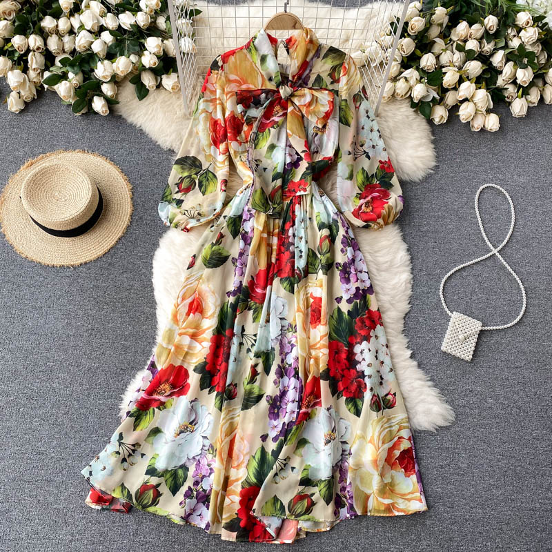 New Summer Print Chiffon Beach Dress Women Long Midi Big Swing Boho Vacation Dresses
