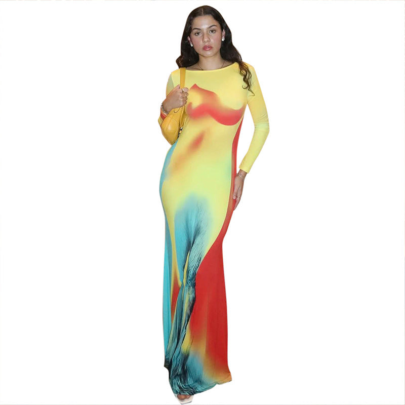 Women's Summer New Long Sleeve Slim Body-Shaping Printed Dress