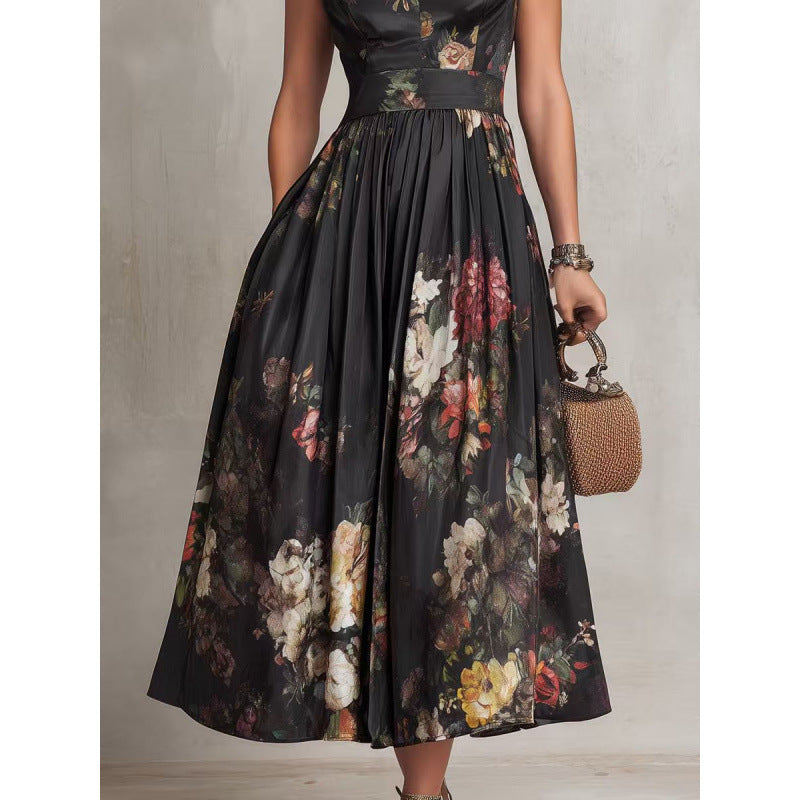 Mouwloze zwarte midi-jurk met driedimensionale bloemenprint nauwsluitende pasvorm in Chinese stijl