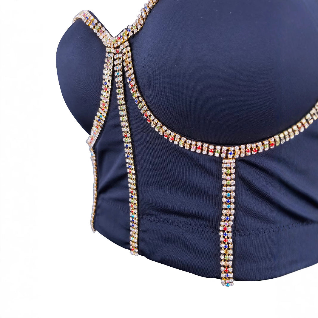 Women's Vest Colorful Diamond Bra Sexy Boned Bustier Strap Pure Desire