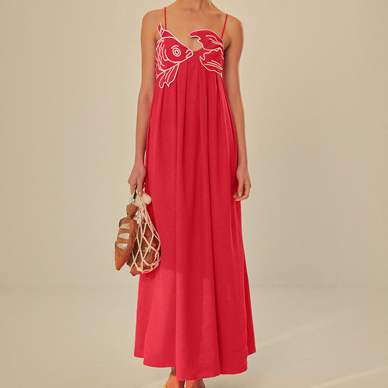 Europe and America cross border 2024 Summer new fashion elegant red fish-shaped top extra long dress backless slip dress