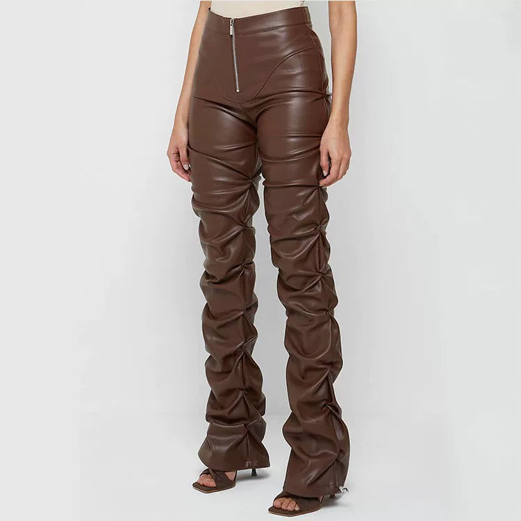 Autumn Pants Women PU Leather High Waist Trousers