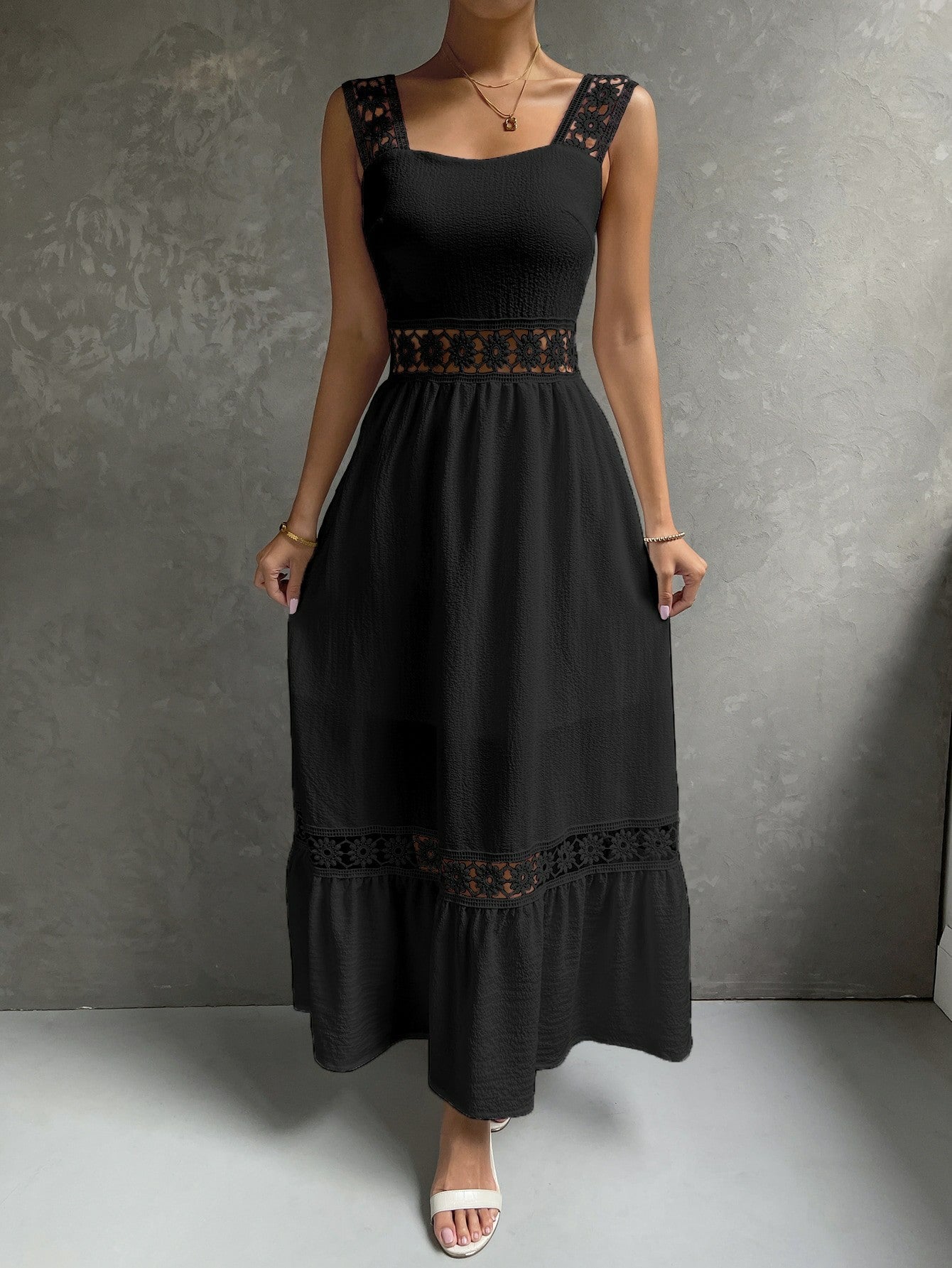 Amazon new hollow lace temperament dress sling slim fit patchwork solid color sleeveless female dress