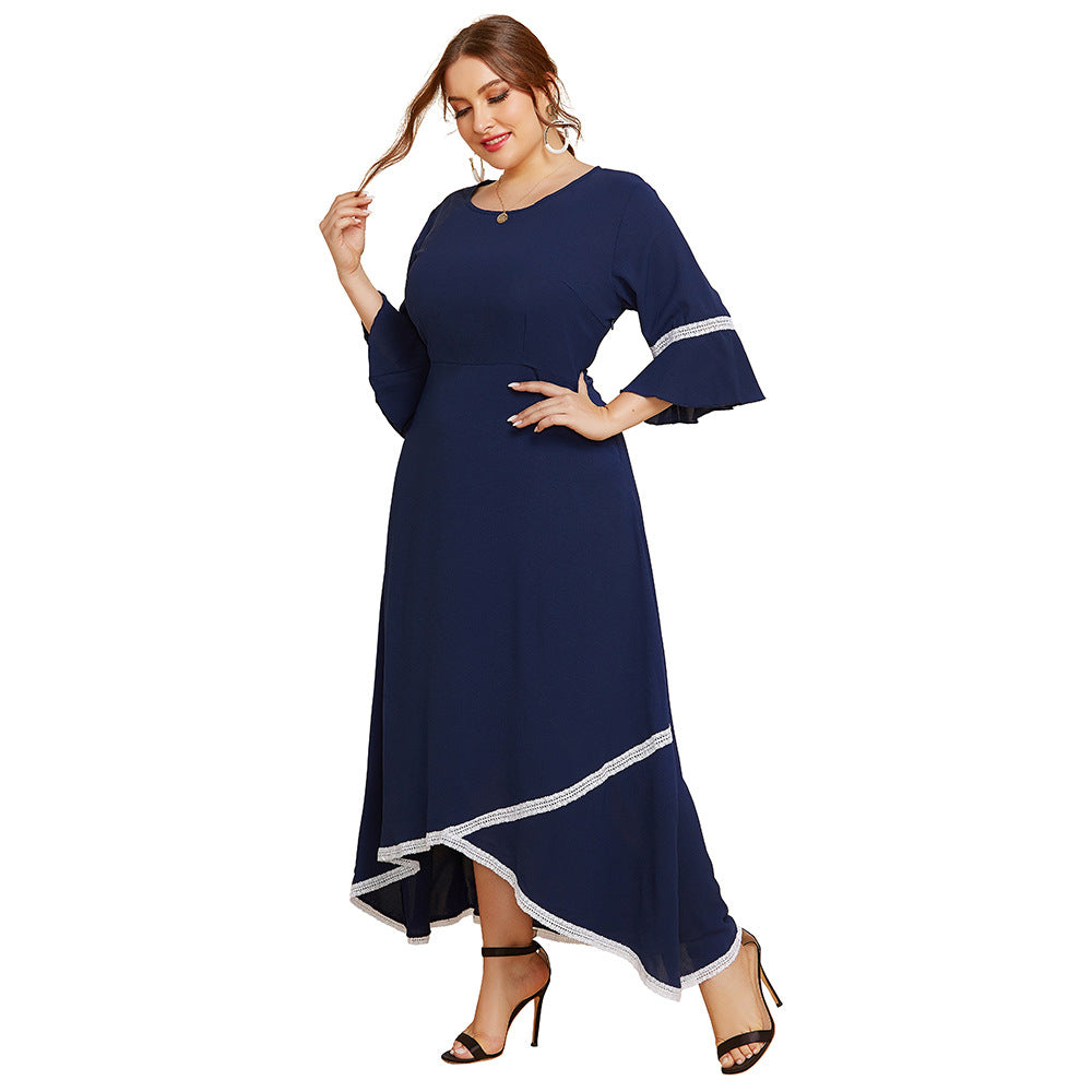 Plus size maxi-jurk met kanten patchwork ronde hals en 3/4 mouwen