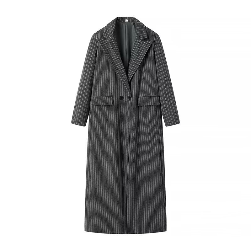 Cross-border women's clothing 2025 Spring and Autumn new European and American style plus size loose casual long striped knitted trench coat for women