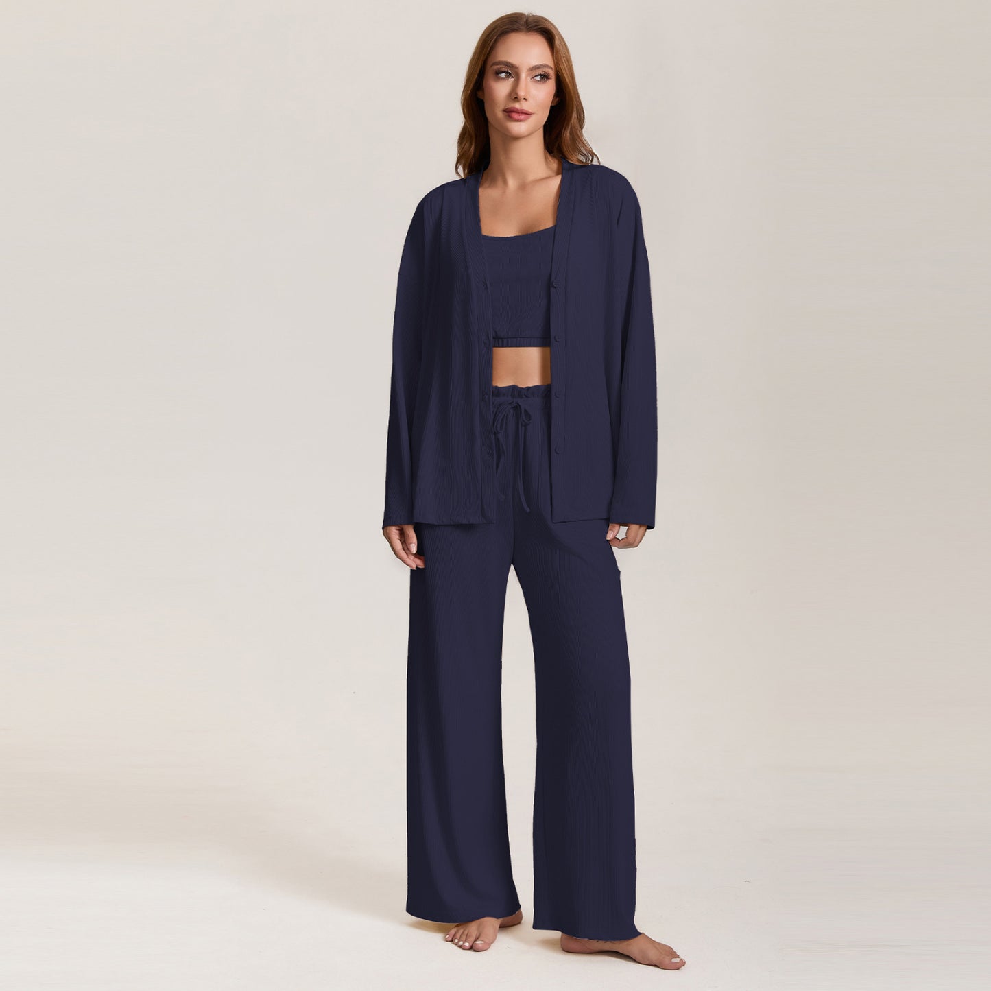 Autumn new spring and autumn women's pajamas cross-border foreign trade sling coat & trousers three-piece set plus size homewear