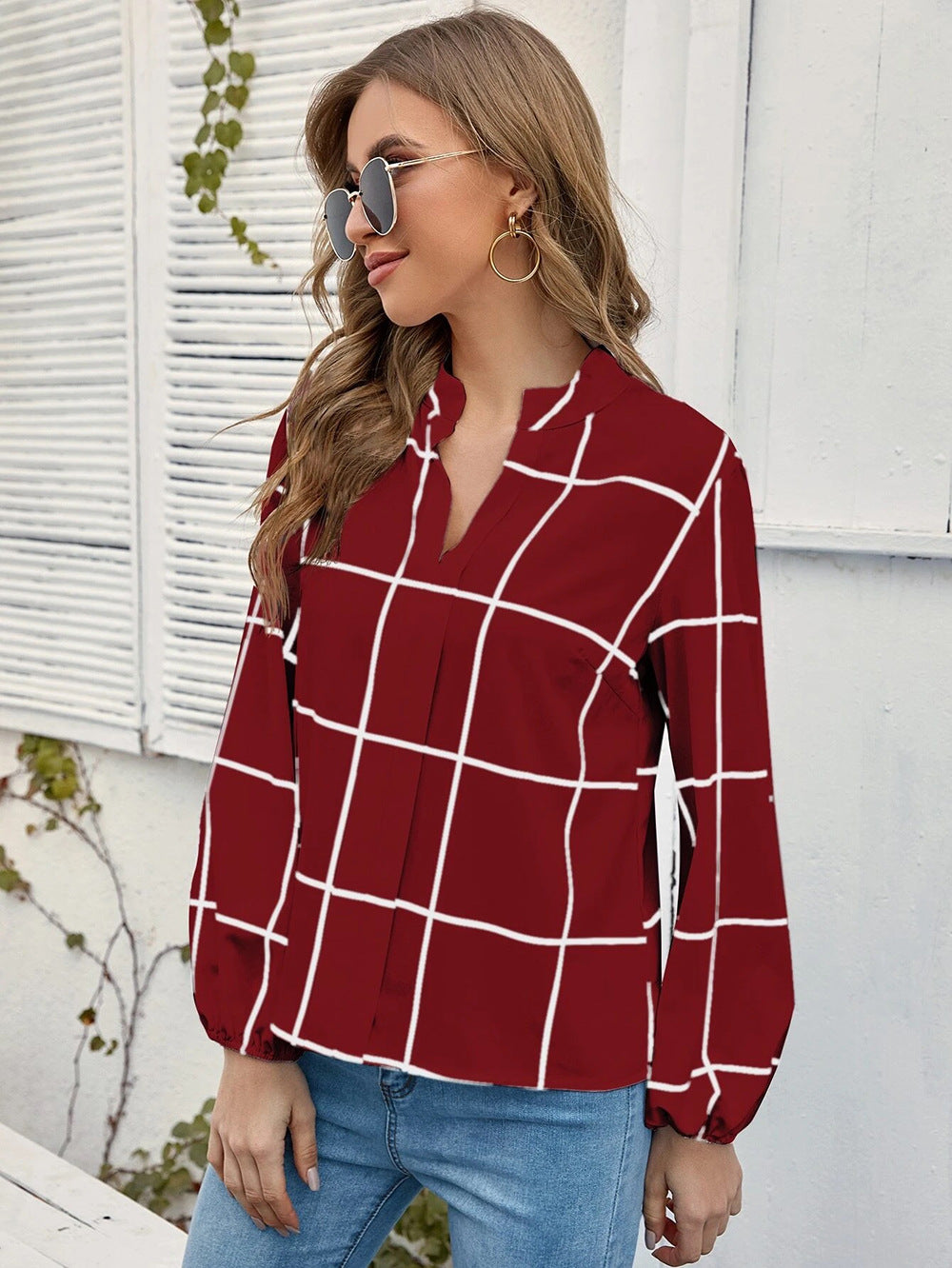 Amazon Autumn Stand Collar Long Sleeve Plaid Print Chiffon Women's Shirt |blouses,tops