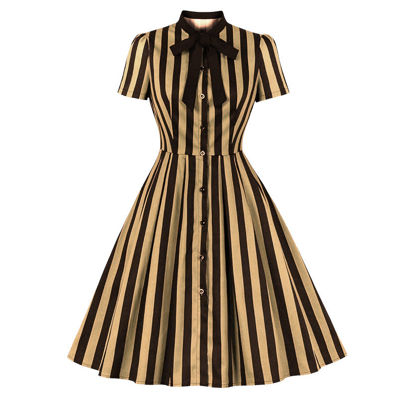 Women's striped printed tie collar pocket vintage skirt button shirt dress Halloween stage performance wear