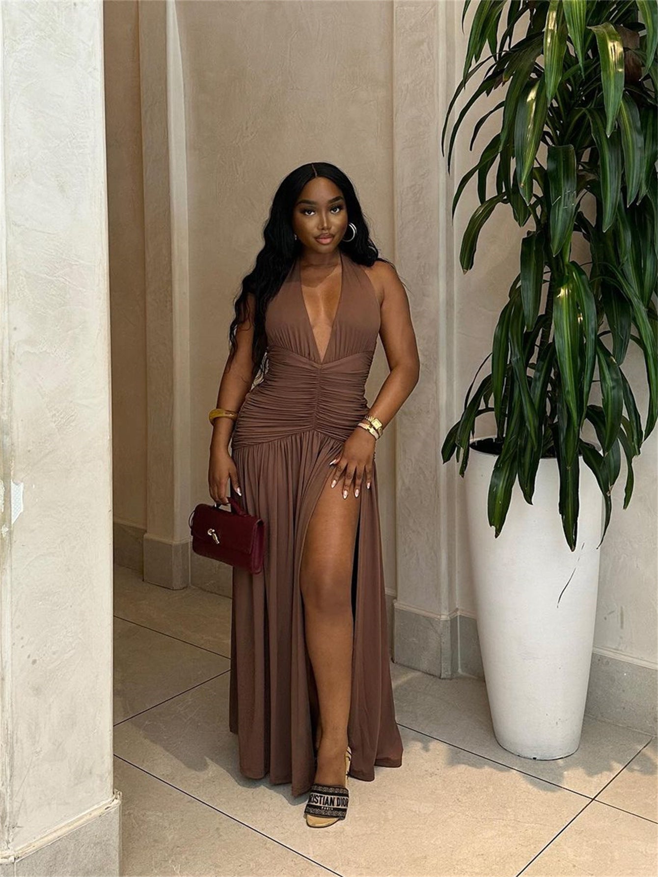 European and American new cross-border fashion pure color halter lace-up backless slim fit sexy slit pleated maxi dress women