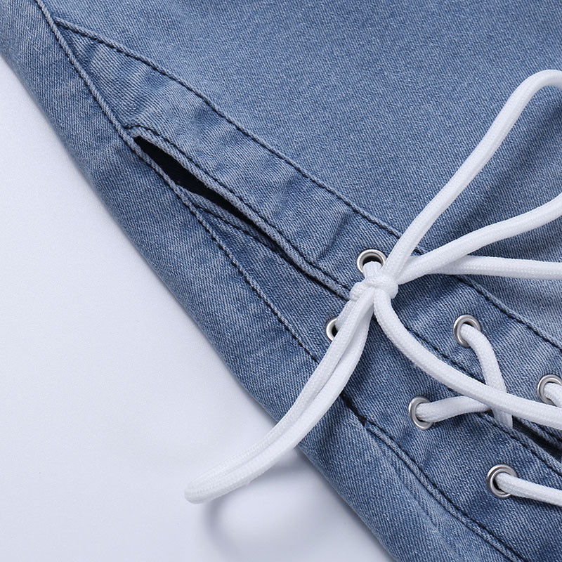 Uitgesneden statement strapping straight leg flared jeans