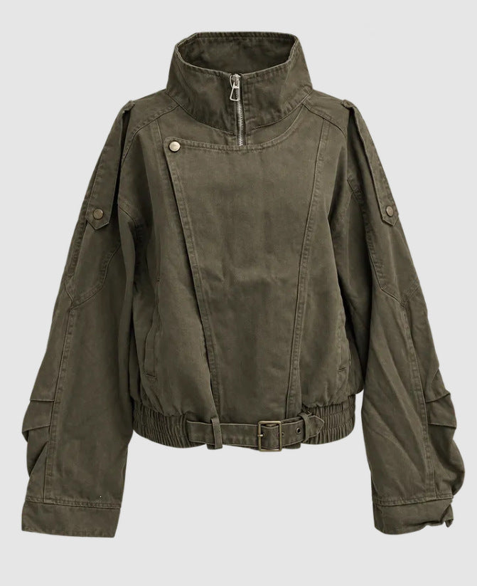 New vintage stand collar motorcycle coat