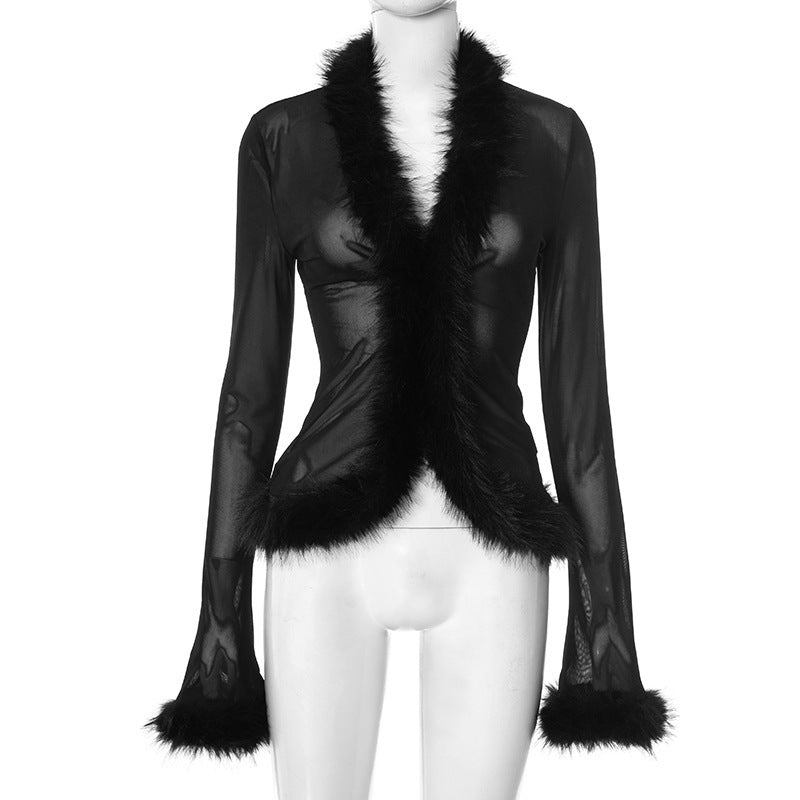 Mesh Spliced Cardigan Top