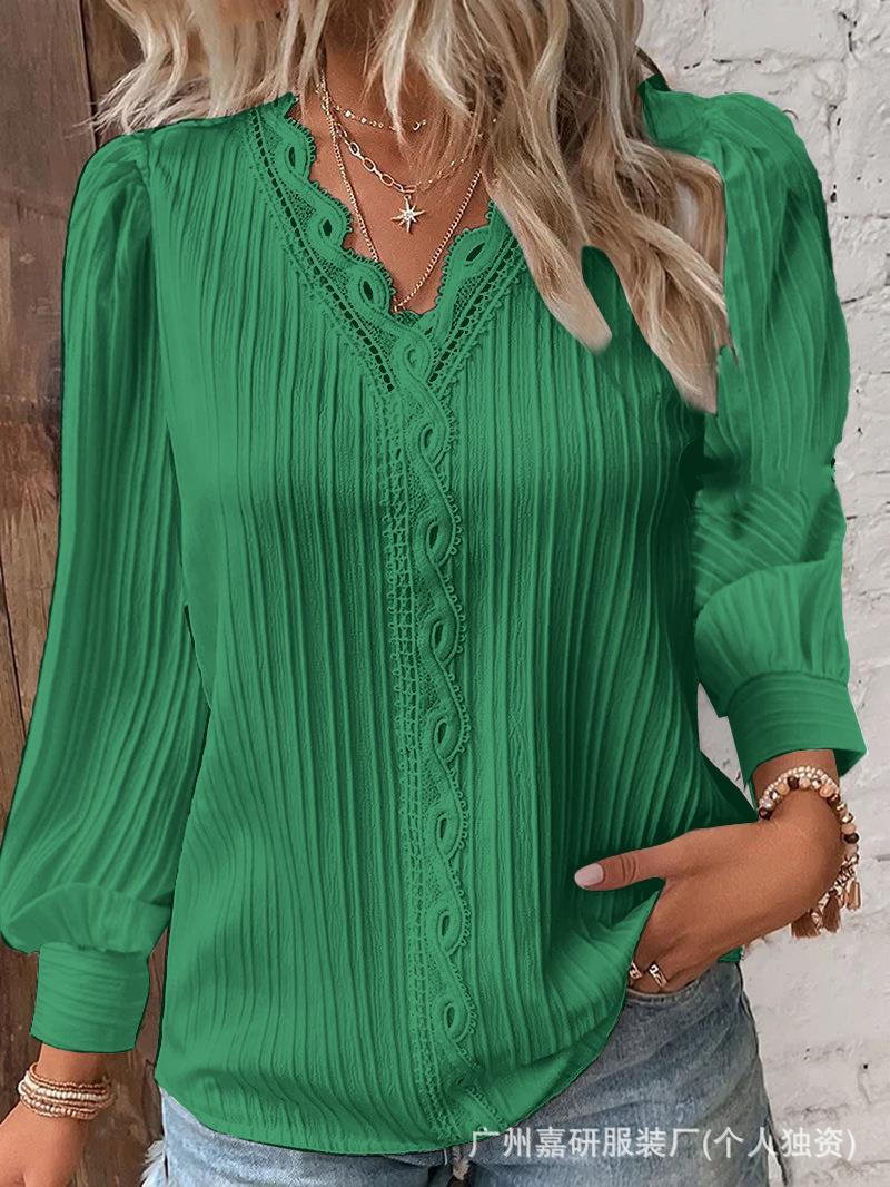 2025 Cross-Border Hot Selling Amazon Autum Long-Sleeved V Neck Lace Splicing Shirt Women's Shirt Women's Clothing Ready Supply