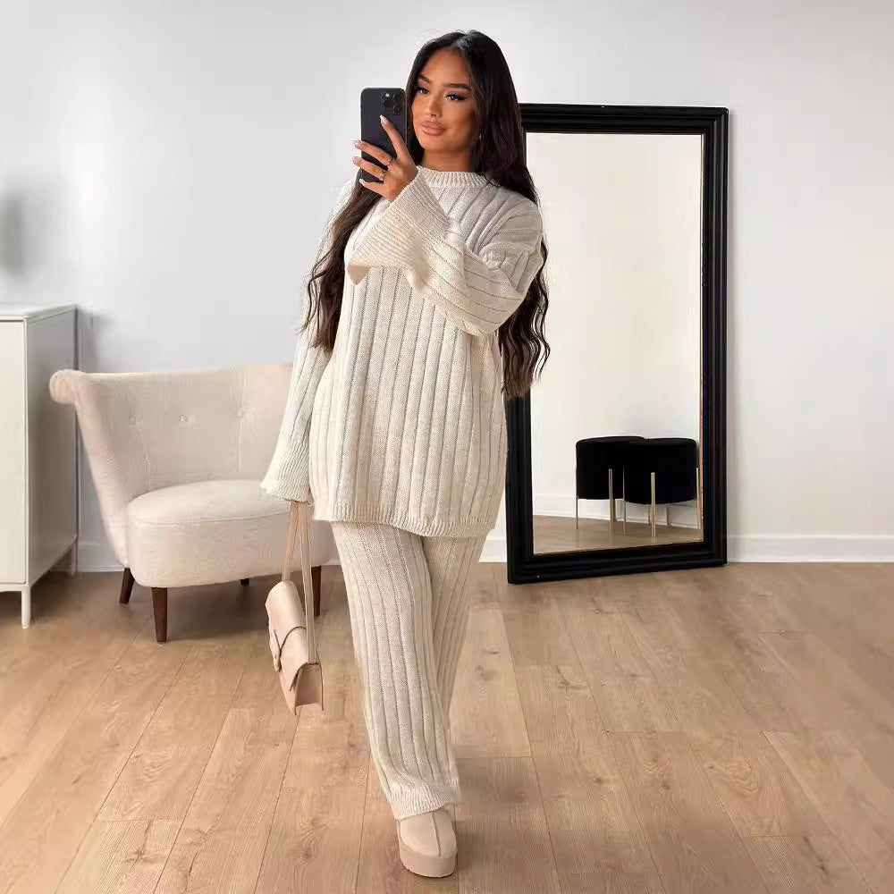 Effen kleur Idle Style ronde hals losse trui broek tweedelig set