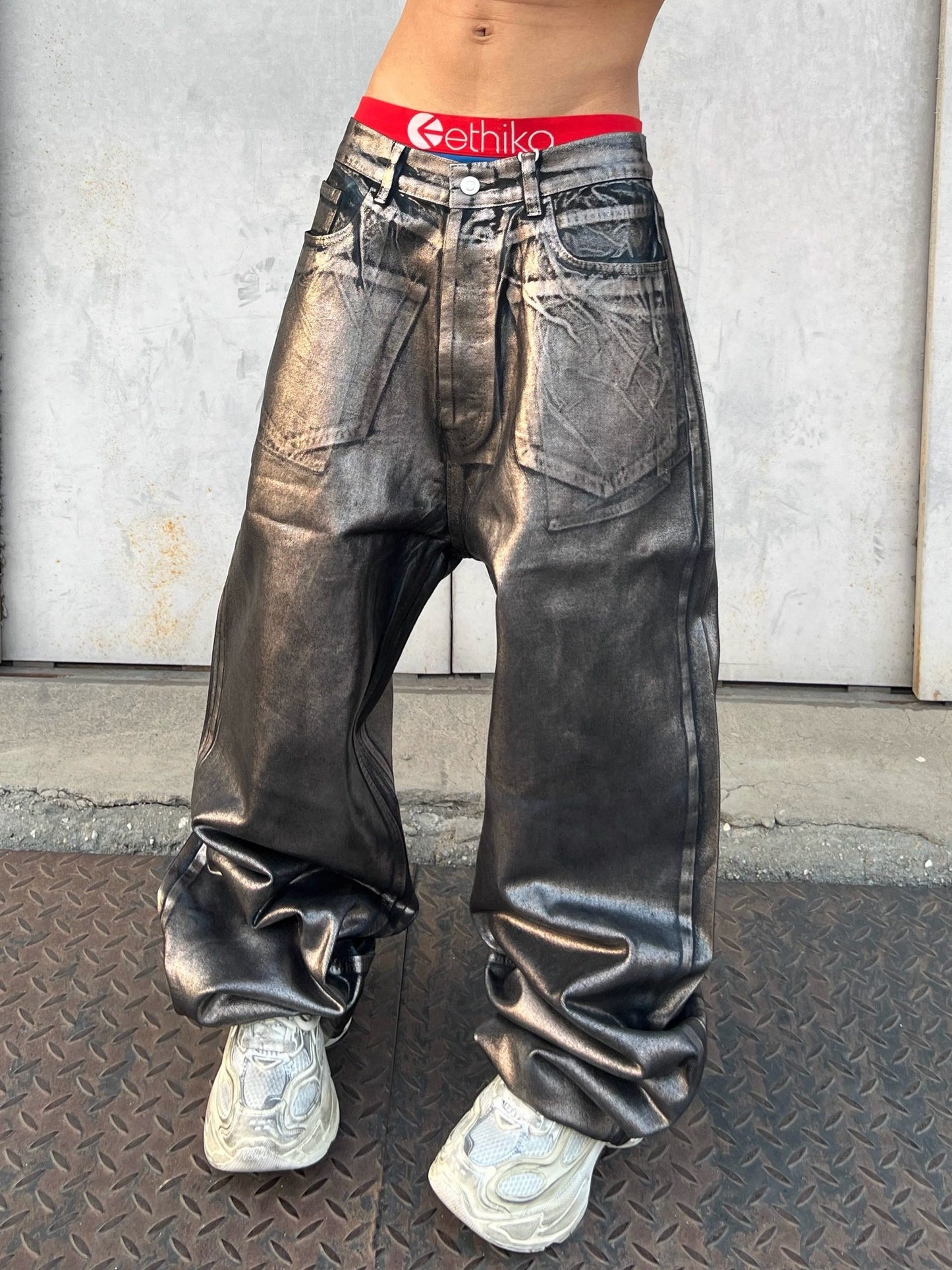 Distressed Brushed Wax Pocket Jeans Straight Wide Leg