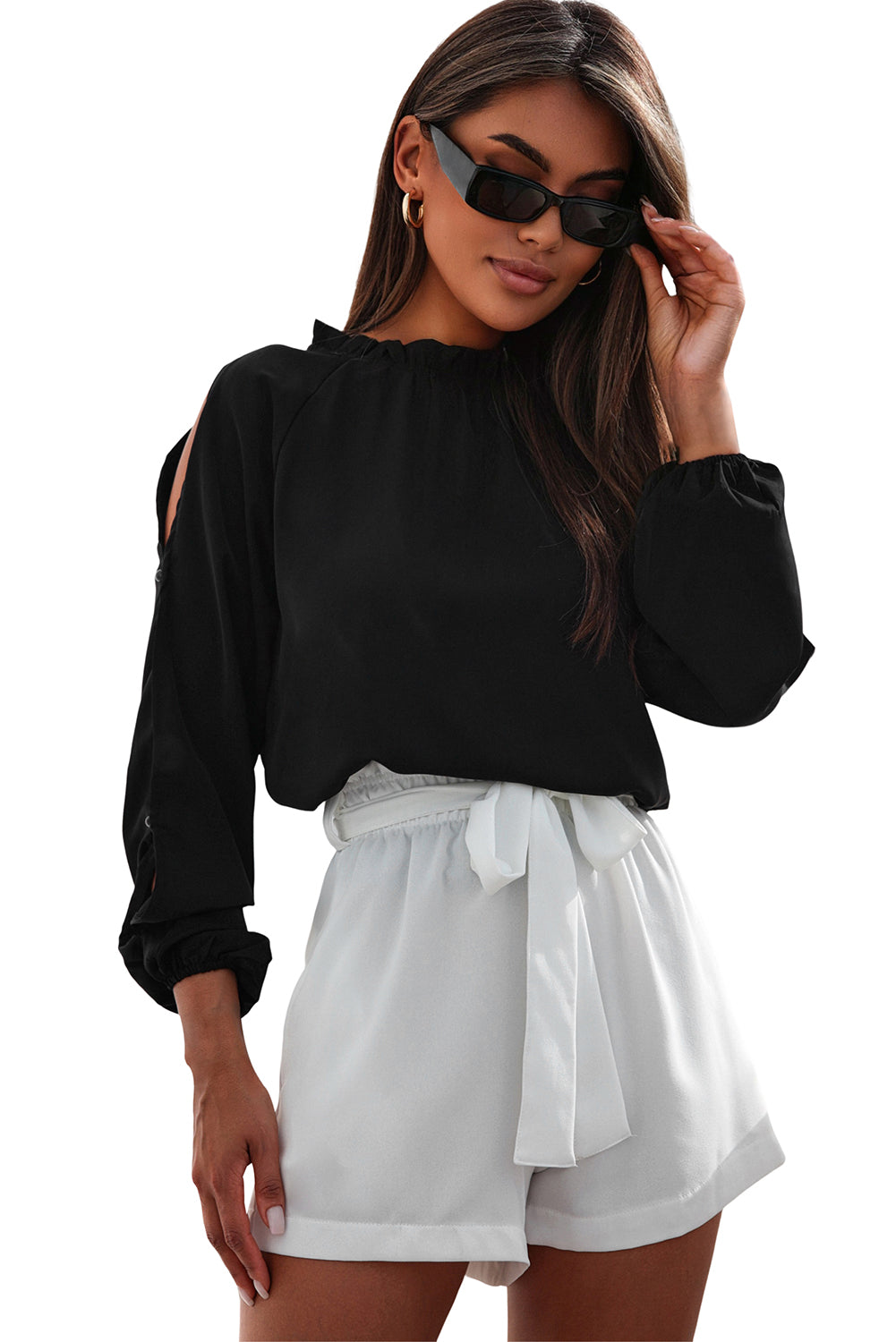 Zwarte blouse met open schouders en pofmouwen