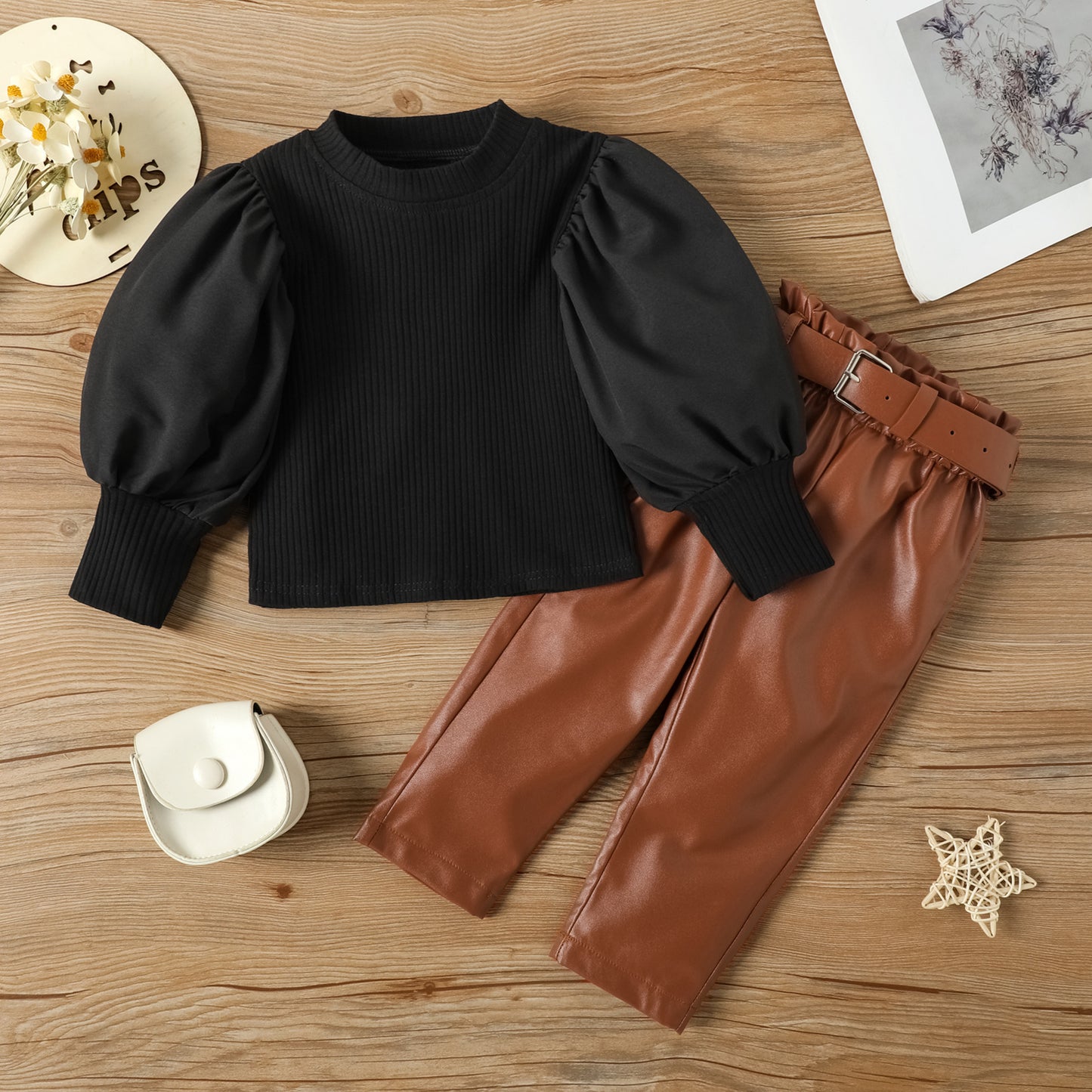 Meisjes Modieuze Pofmouw Top En Trendy Rechte PU-leren Broek Inclusief Riem