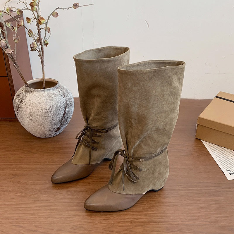 Retro Pointed-Toe Lace-Up Boots Women's Wide-Top High-Heel Knights Boots