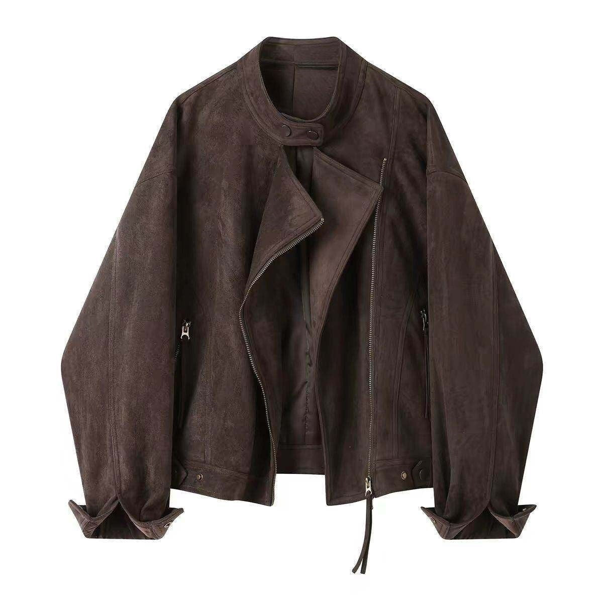 Vintage Suede Fleece-Lined Short Leather Jacket for Women