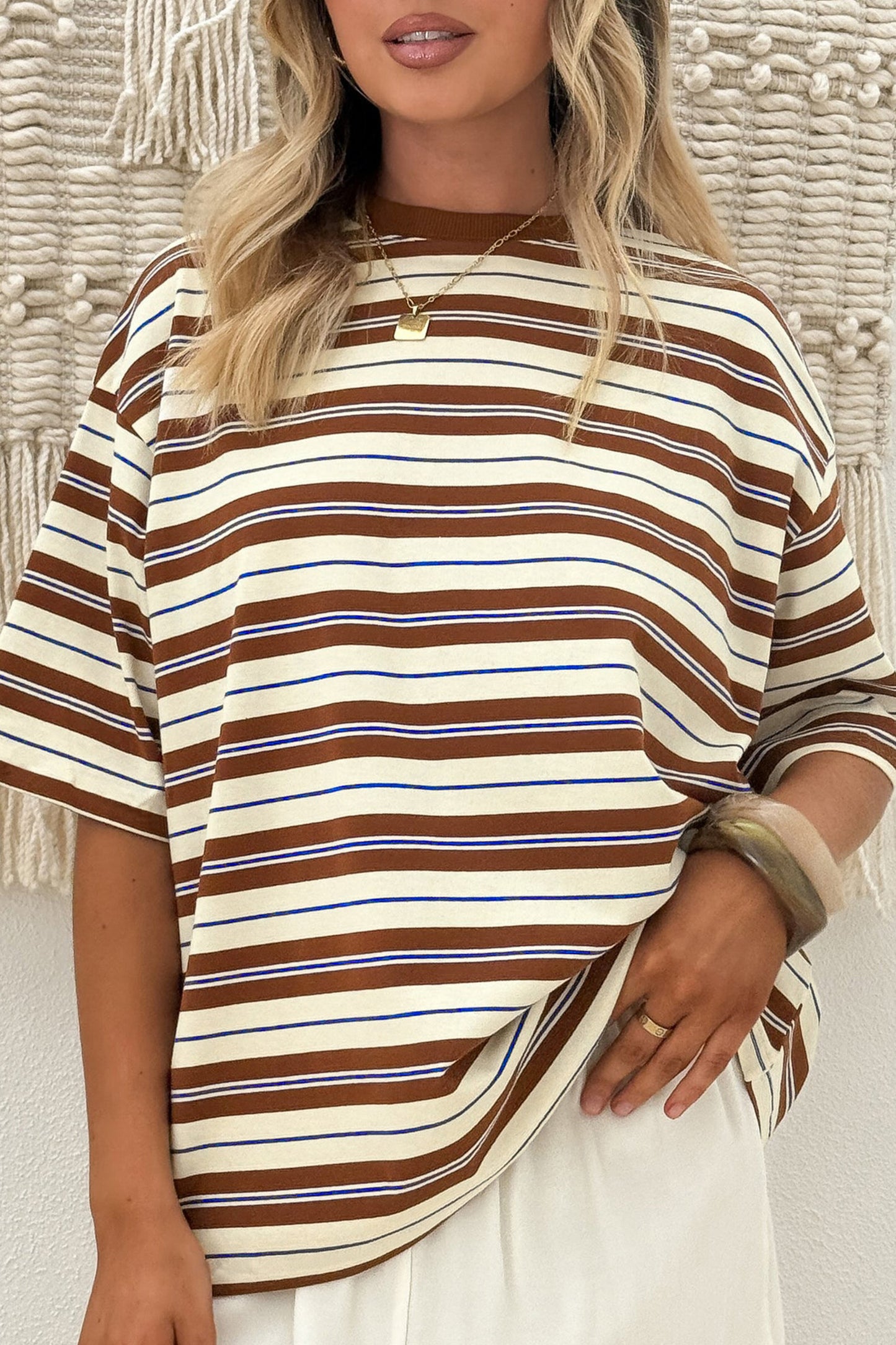 Bruin gestreepte casual oversized T-shirt voor dames