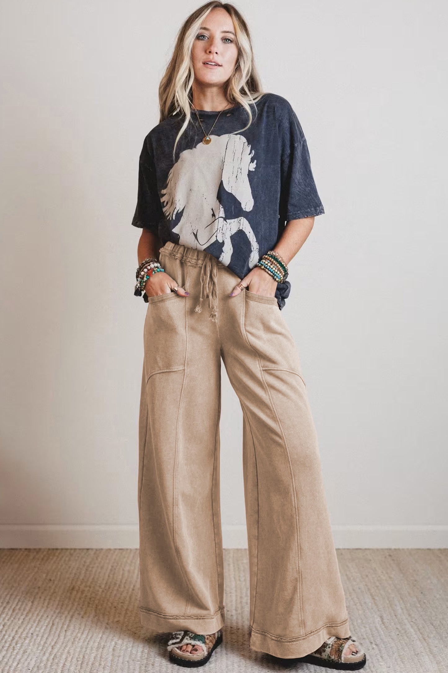 Mineral Wash Retro Westernbroek met trekkoord hoge taille en wijde pijpen