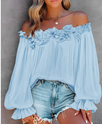 Off-shoulder Top Met Lange Lotusbladmouw En Ruches Halslijn
