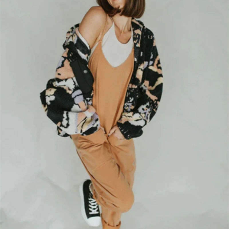 Effenkleurige jumpsuit met rits en opgestikte zakken